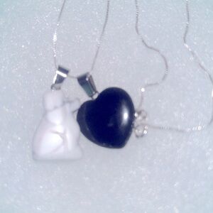 Boho Hippie onyx  love heart and Howlite Dog Sterling Silver Necklace 16”